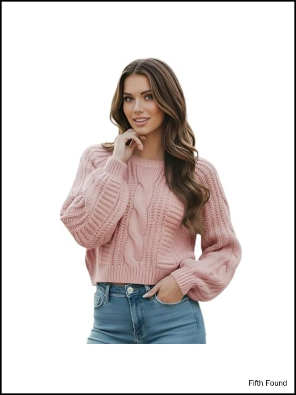 Cropped Cable Knit Sweater Long Sleeve Pullover Crew Neck Acrylic